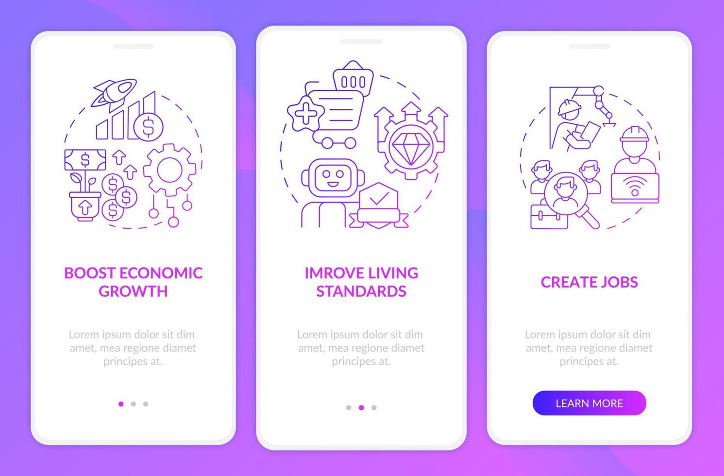 Positive automation impact purple gradient onboarding mobile app screen. Walkthrough 3 steps graphic instructions pages with linear concepts. UI, UX, GUI template. Myriad Pro-Bold, Regular fonts used vector