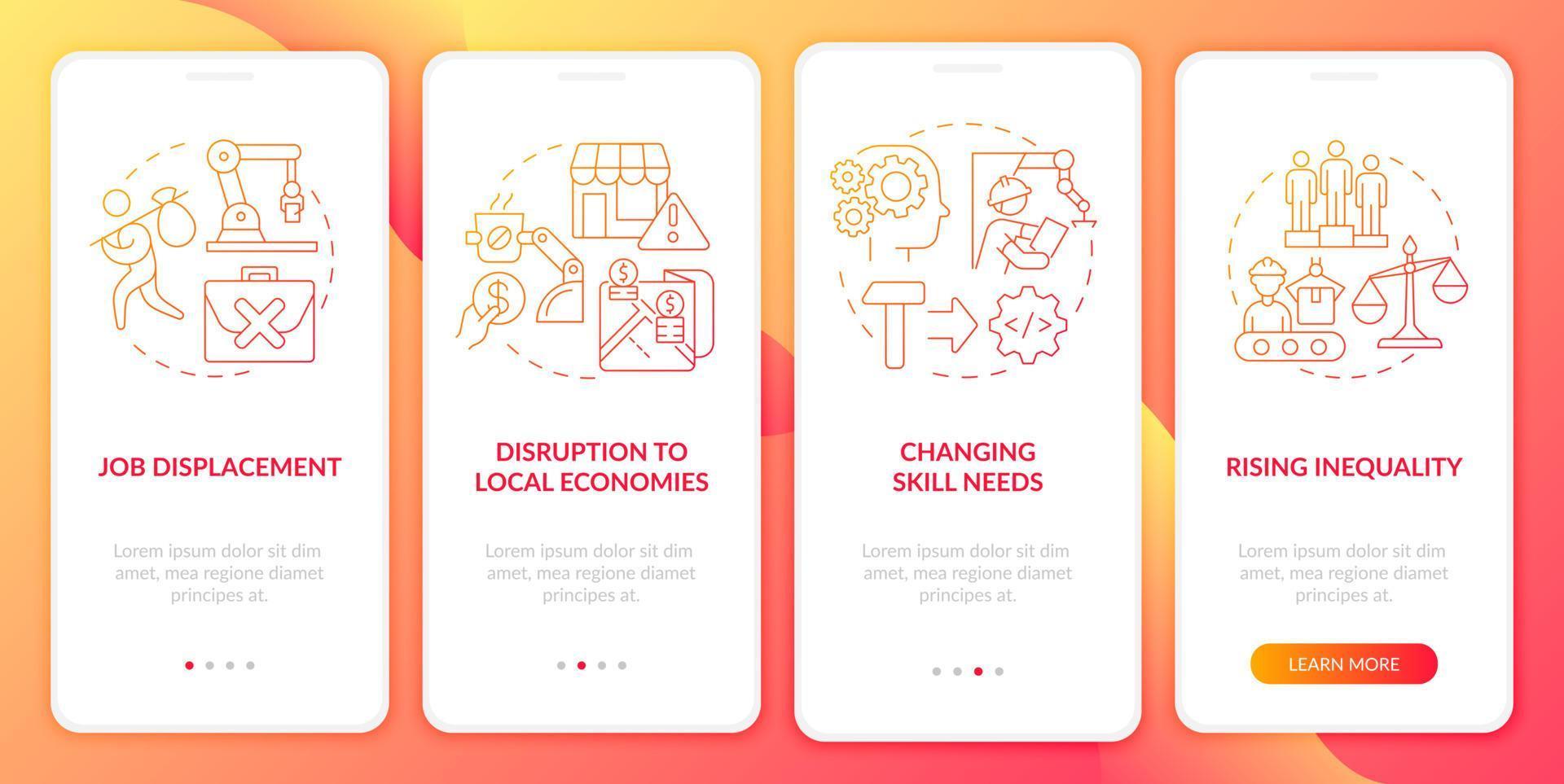 pantalla de aplicación móvil de incorporación de degradado rojo de impacto de automatización negativo. tutorial 4 pasos páginas de instrucciones gráficas con conceptos lineales. interfaz de usuario, ux, plantilla de interfaz gráfica de usuario. innumerables fuentes pro-negrita y regulares utilizadas vector