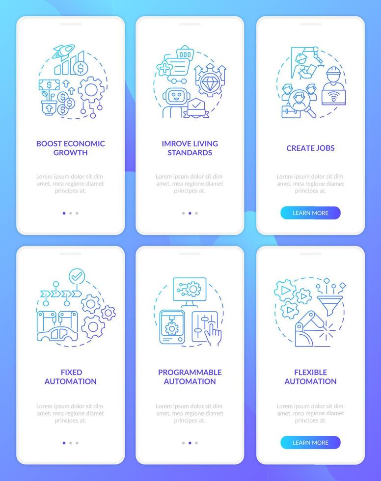 Automation systems blue gradient onboarding mobile app screen set. Walkthrough 3 steps graphic instructions pages with linear concepts. UI, UX, GUI template. Myriad Pro-Bold, Regular fonts used vector