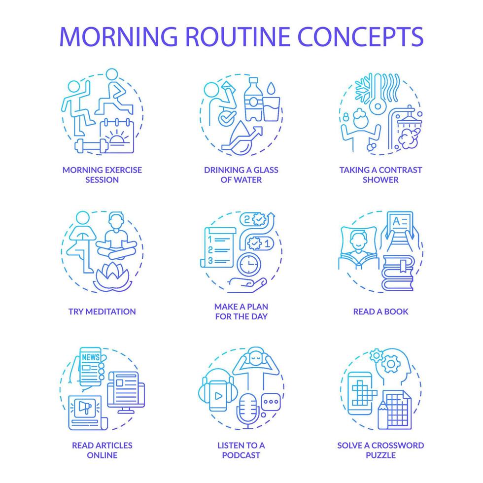 Morning routine blue gradient concept icons set. Everyday rituals for productivity idea thin line color illustrations. Isolated outline drawings. Roboto-Medium, Myriad Pro-Bold fonts used vector
