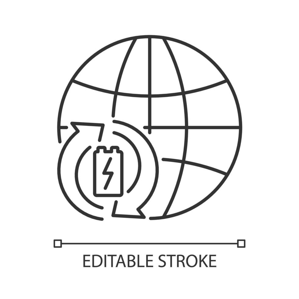 Global battery recycling linear icon. Accumulators reuse. Worldwide processing activity. Thin line customizable illustration. Contour symbol. Vector isolated outline drawing. Editable stroke