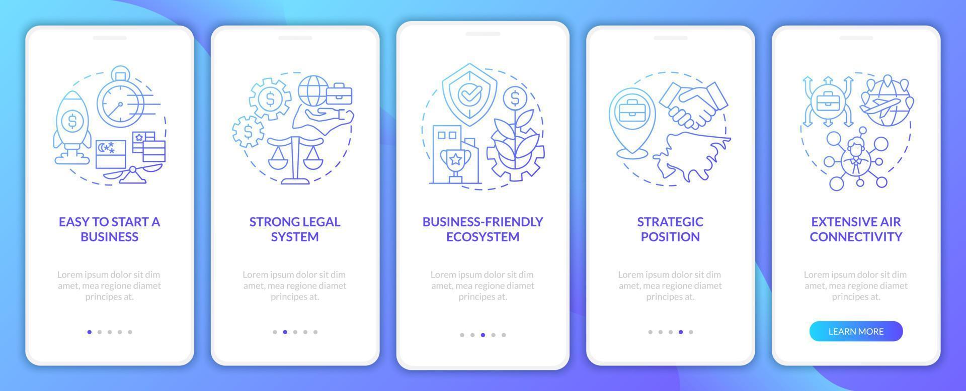 Set up business in Singapore blue gradient onboarding mobile app screen. Walkthrough 5 steps graphic instructions pages with linear concepts. UI, UX, GUI template. Myriad Pro-Bold, Regular fonts used vector