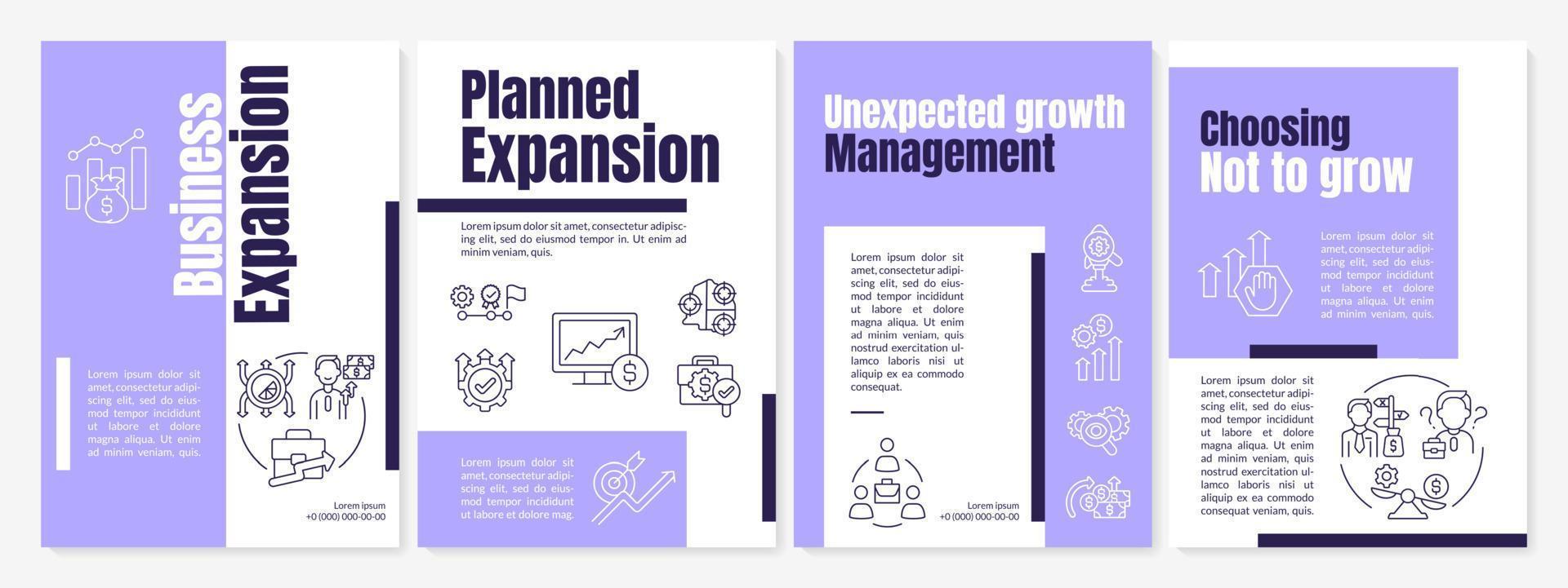 Business expansion purple brochure template. Company development. Flyer, booklet, leaflet print, cover design with linear icons. Vector layouts for presentation, annual reports, advertisement pages