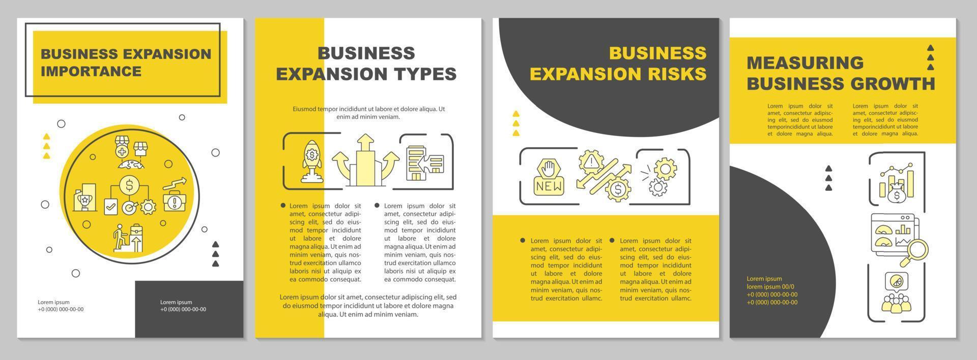 ampliar la plantilla de folleto amarillo de negocios. desarrollo de la empresa. folleto, folleto, impresión de folleto, diseño de portada con iconos lineales. diseños vectoriales para presentación, informes anuales, páginas de publicidad vector