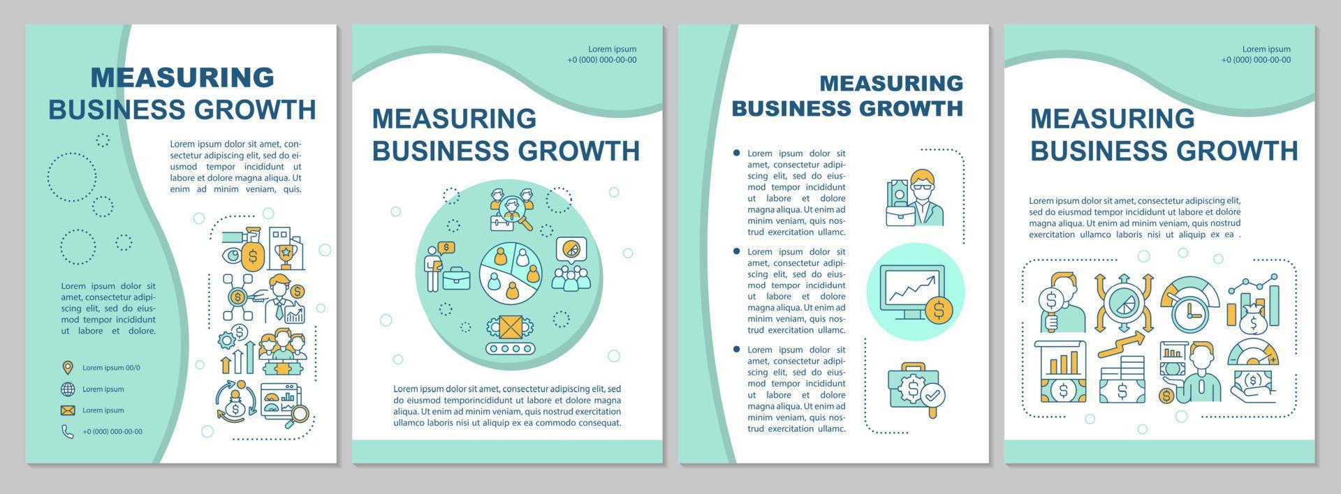 Measuring business growth blue brochure template. Company develops. Flyer, booklet, leaflet print, cover design with linear icons. Vector layouts for presentation, annual reports, advertisement pages