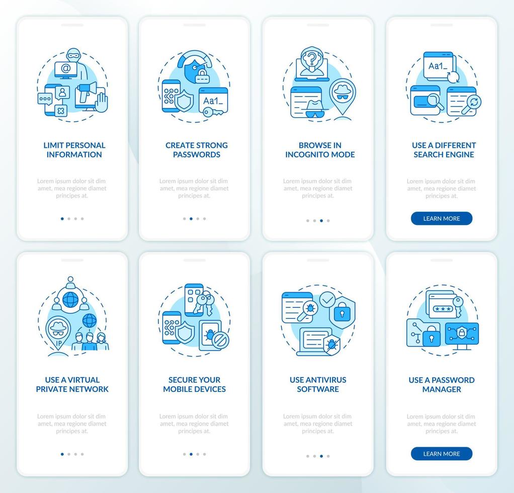 proteger los datos en línea configurar la pantalla de la página de la aplicación móvil incorporada. tutorial de datos seguros instrucciones gráficas de ocho pasos con conceptos. ui, ux, plantilla vectorial gui con ilustraciones en color lineal vector