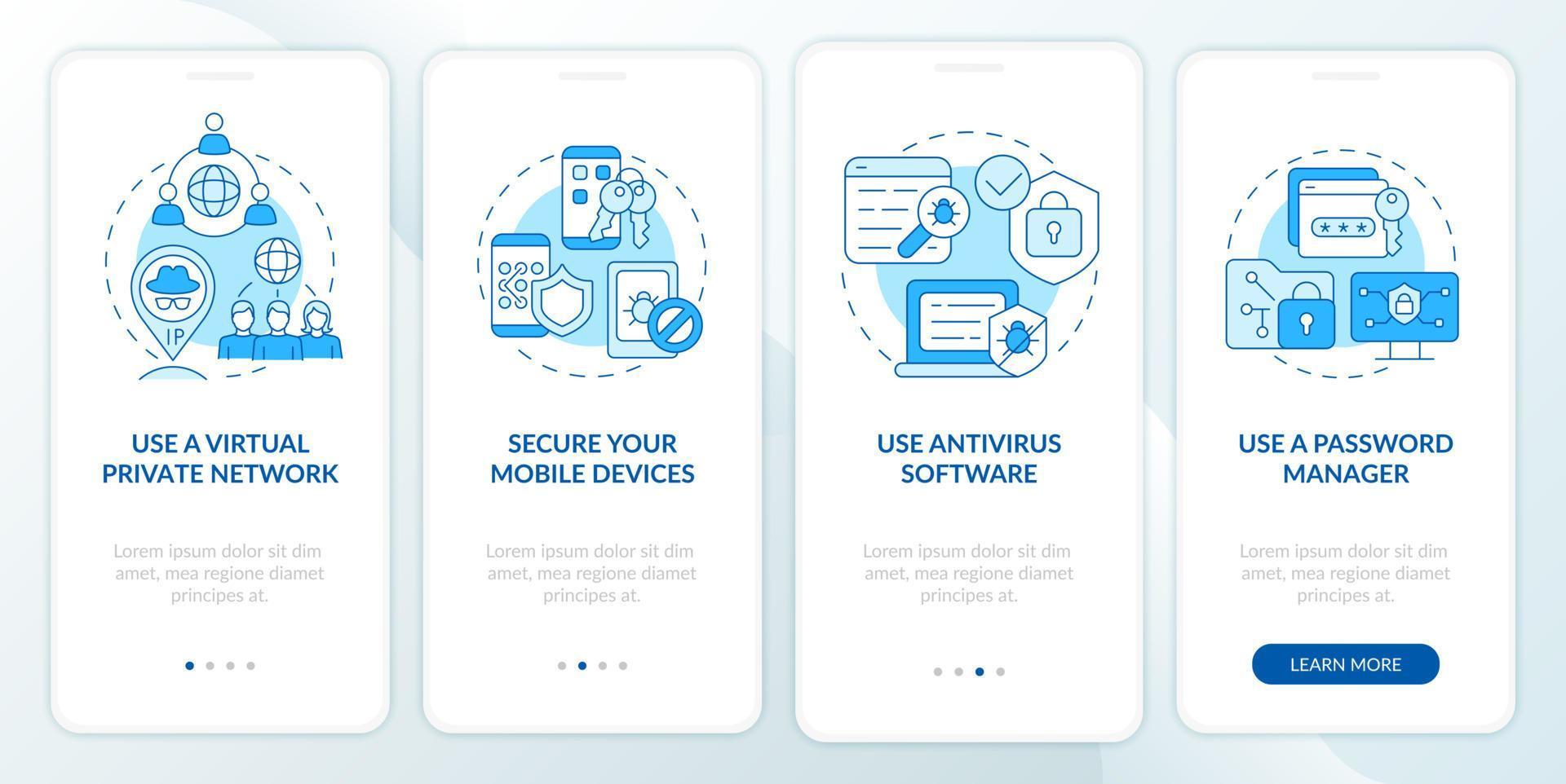 Personal info protection tips onboarding mobile app page screen. Internet safety walkthrough four steps graphic instructions with concepts. UI, UX, GUI vector template with linear color illustrations