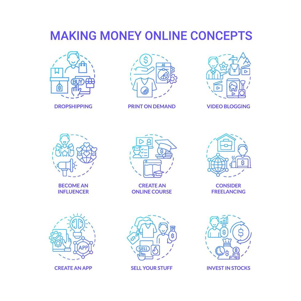 Making money online blue gradient concept icons set. Digital entrepreneurship idea thin line color illustrations. Invest in stocks. Print on demand. Dropshipping. Vector isolated outline drawings