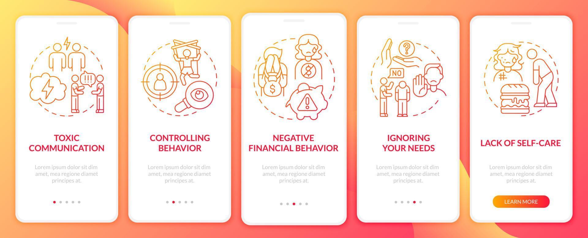 Abuse signs onboarding mobile app page screen. Ignoring partner. Toxic communication walkthrough 5 steps graphic instructions with concepts. UI, UX, GUI vector template with linear color illustrations
