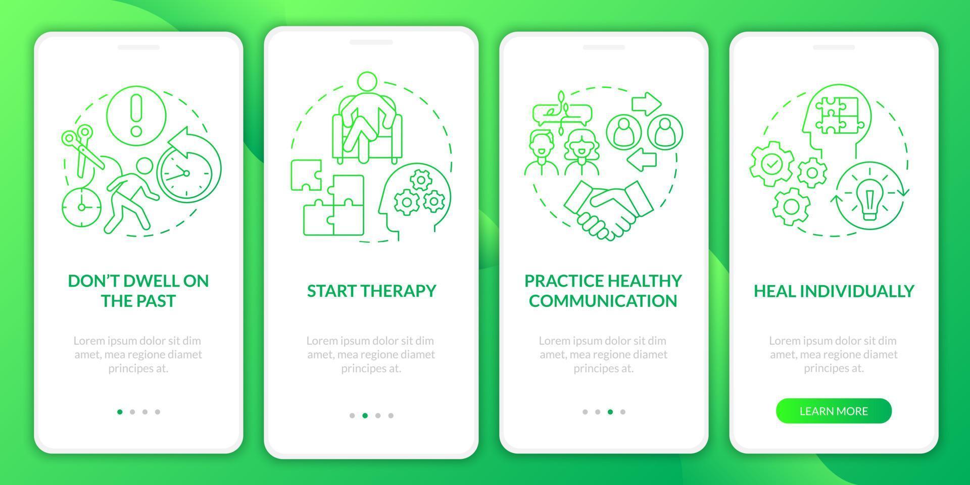 Coping with breakup onboarding mobile app page screen. Stop dwelling on past walkthrough 4 steps graphic instructions with concepts. UI, UX, GUI vector template with linear color illustrations