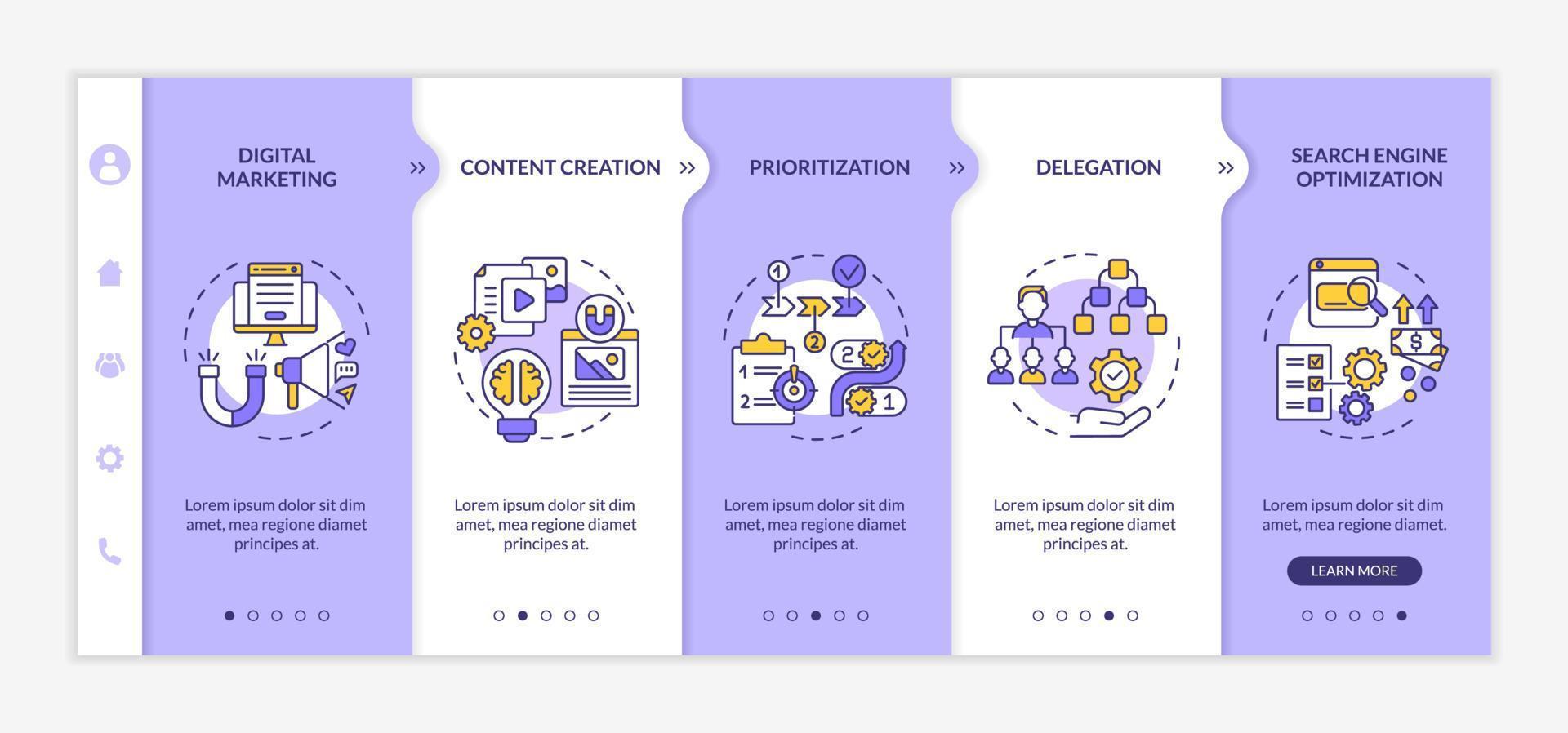 Online entrepreneurial skills onboarding vector template. Responsive mobile website with icons. Web page walkthrough 5 step screens. Search engine optimization color concept with linear illustrations