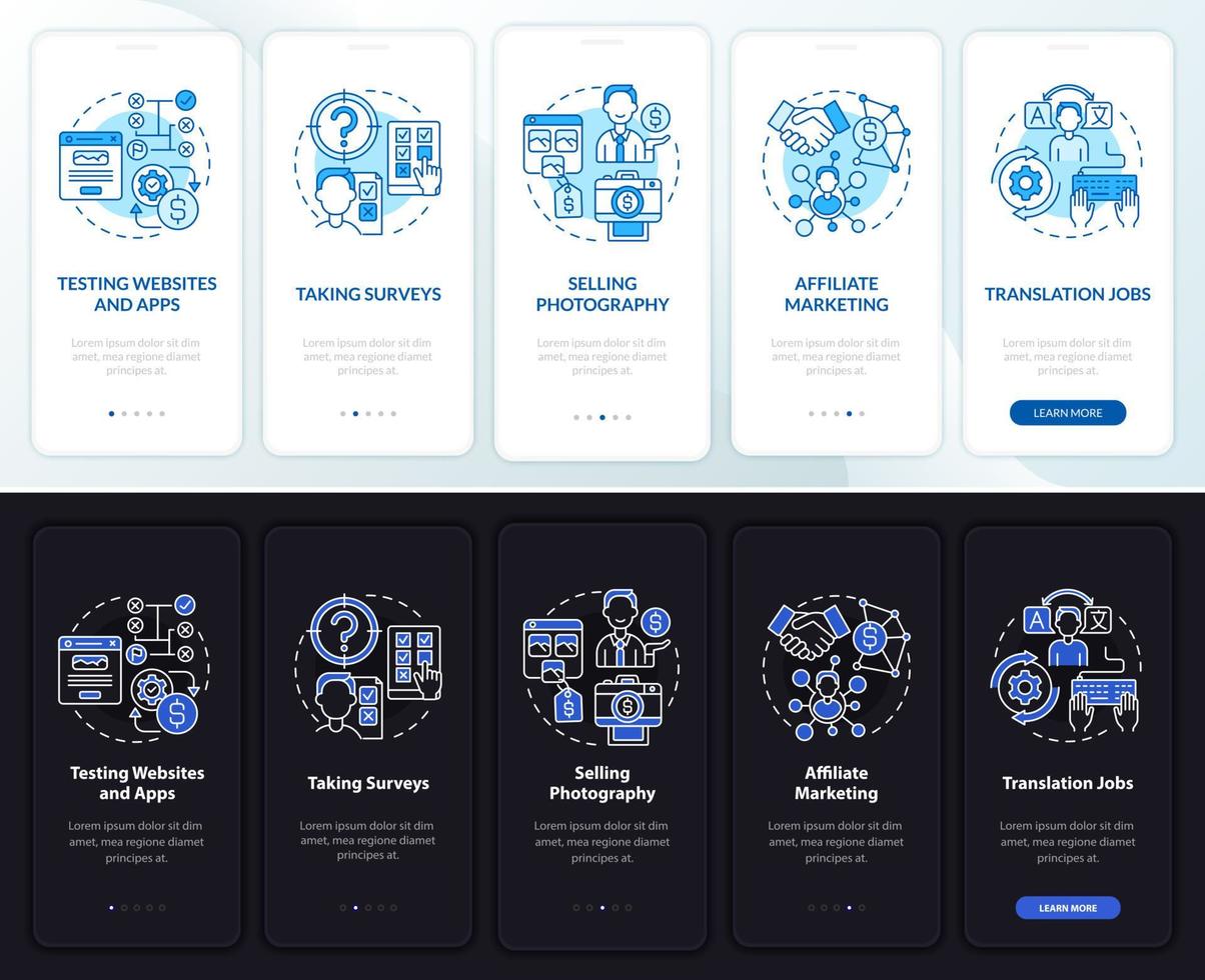 Online profitmaking onboarding mobile app page screen. Taking surveys walkthrough 5 steps graphic instructions with concepts. UI, UX, GUI vector template with linear night and day mode illustrations