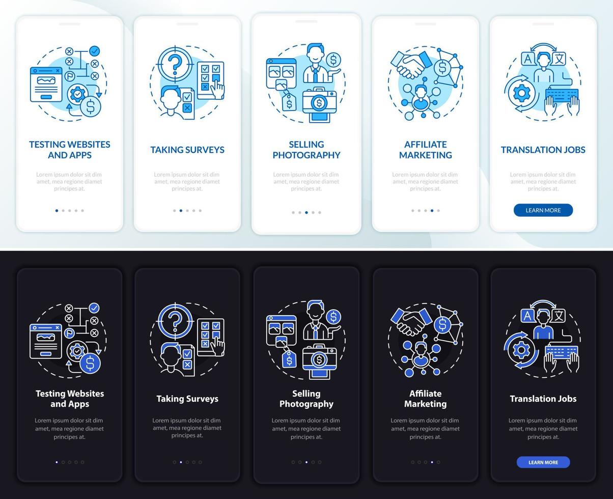 pantalla de la página de la aplicación móvil de incorporación de ganancias en línea. realización de encuestas paso a paso instrucciones gráficas de 5 pasos con conceptos. ui, ux, plantilla vectorial gui con ilustraciones lineales en modo día y noche vector