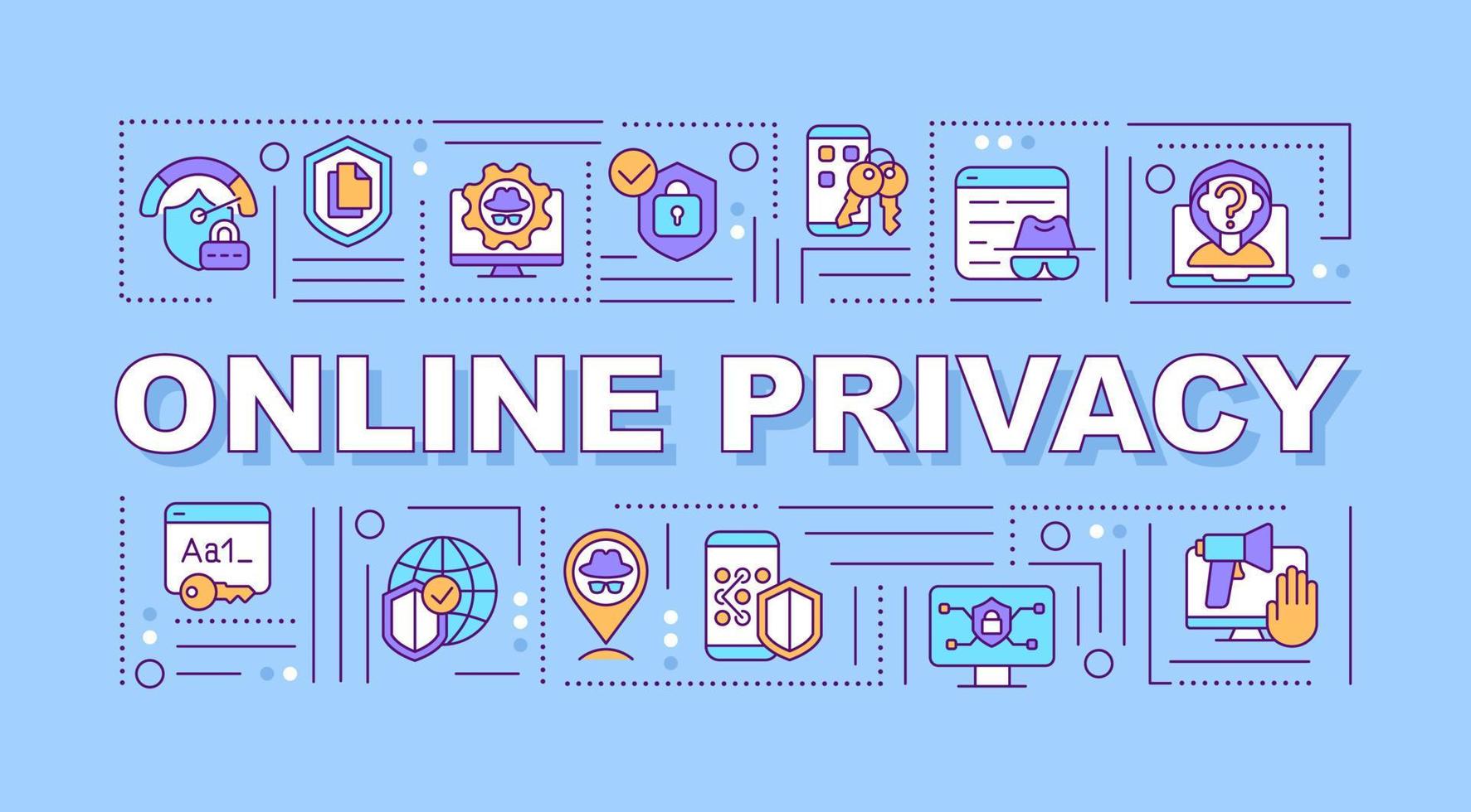 Banner de conceptos de palabras de privacidad y protección de datos en línea. infografías con iconos lineales sobre fondo azul. tipografía creativa aislada. ilustración de color de contorno vectorial con texto vector