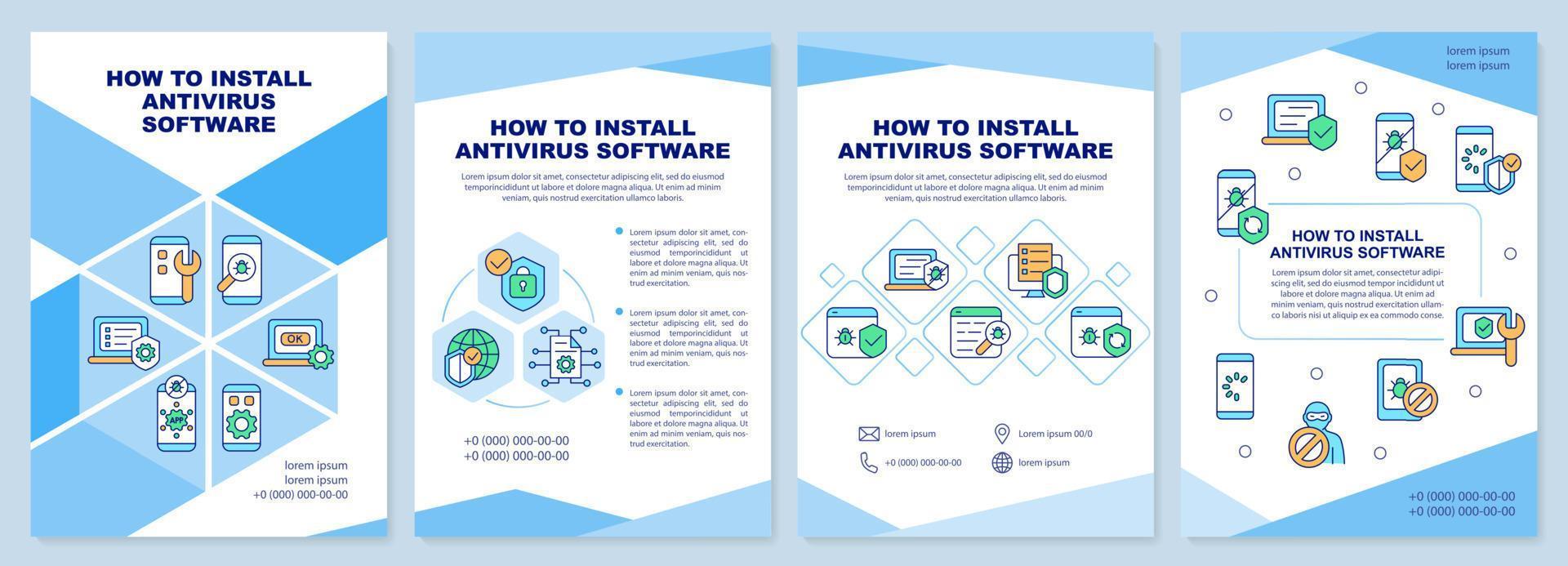 plantilla de folleto de consejos de instalación de software antivirus. folleto, folleto, impresión de folleto, diseño de portada con iconos lineales. diseños vectoriales para presentaciones, informes anuales, páginas de publicidad vector