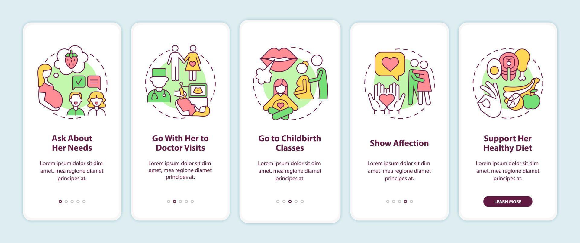 Partner support during pregnancy onboarding mobile app page screen. Ask about needs walkthrough 5 steps graphic instructions with concepts. UI, UX, GUI vector template with linear color illustrations