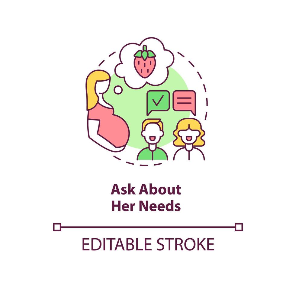 Ask about her needs concept icon. Partner support during pregnancy abstract idea thin line illustration. Expectant mom needs. Eat healthy foods. Vector isolated outline color drawing. Editable stroke