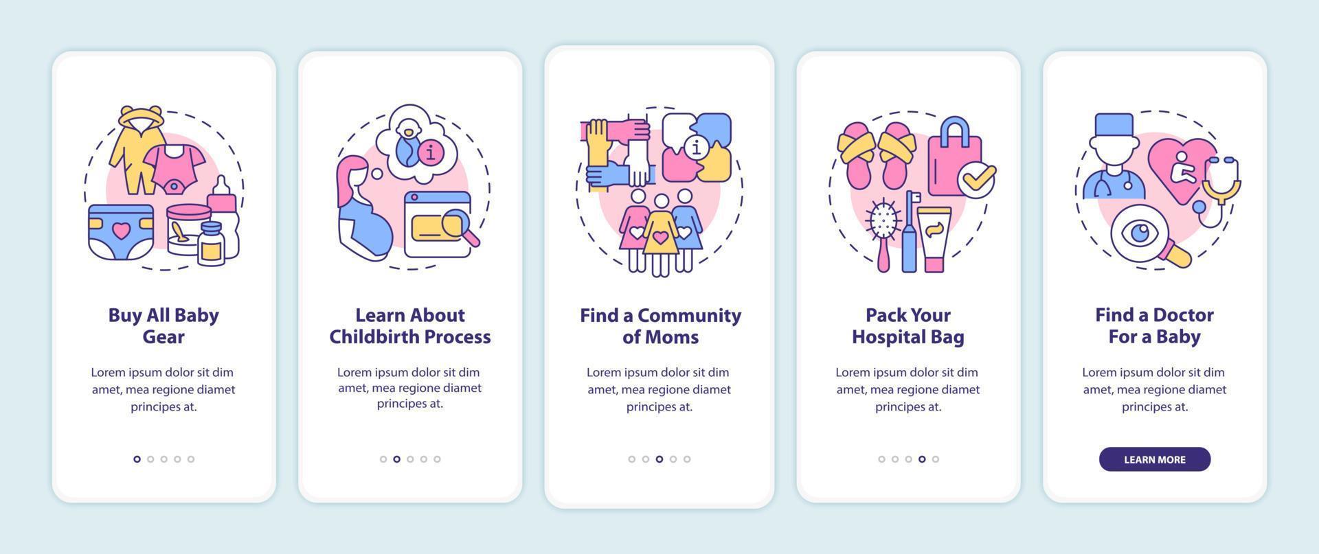 Preparing for baby onboarding mobile app page screen. Buying all baby gear walkthrough 5 steps graphic instructions with concepts. UI, UX, GUI vector template with linear color illustrations