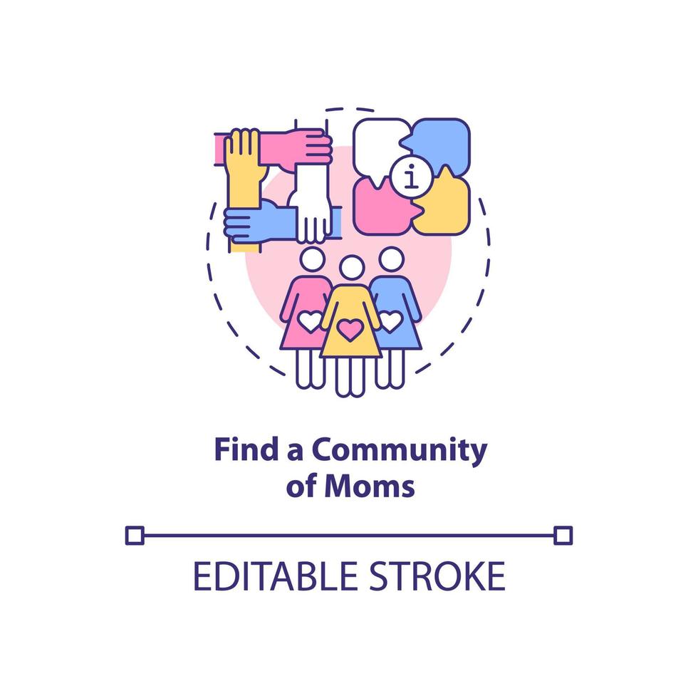 Find community of moms concept icon. Preparing for baby abstract idea thin line illustration. Online groups for expectant mothers. Vector isolated outline color drawing. Editable stroke