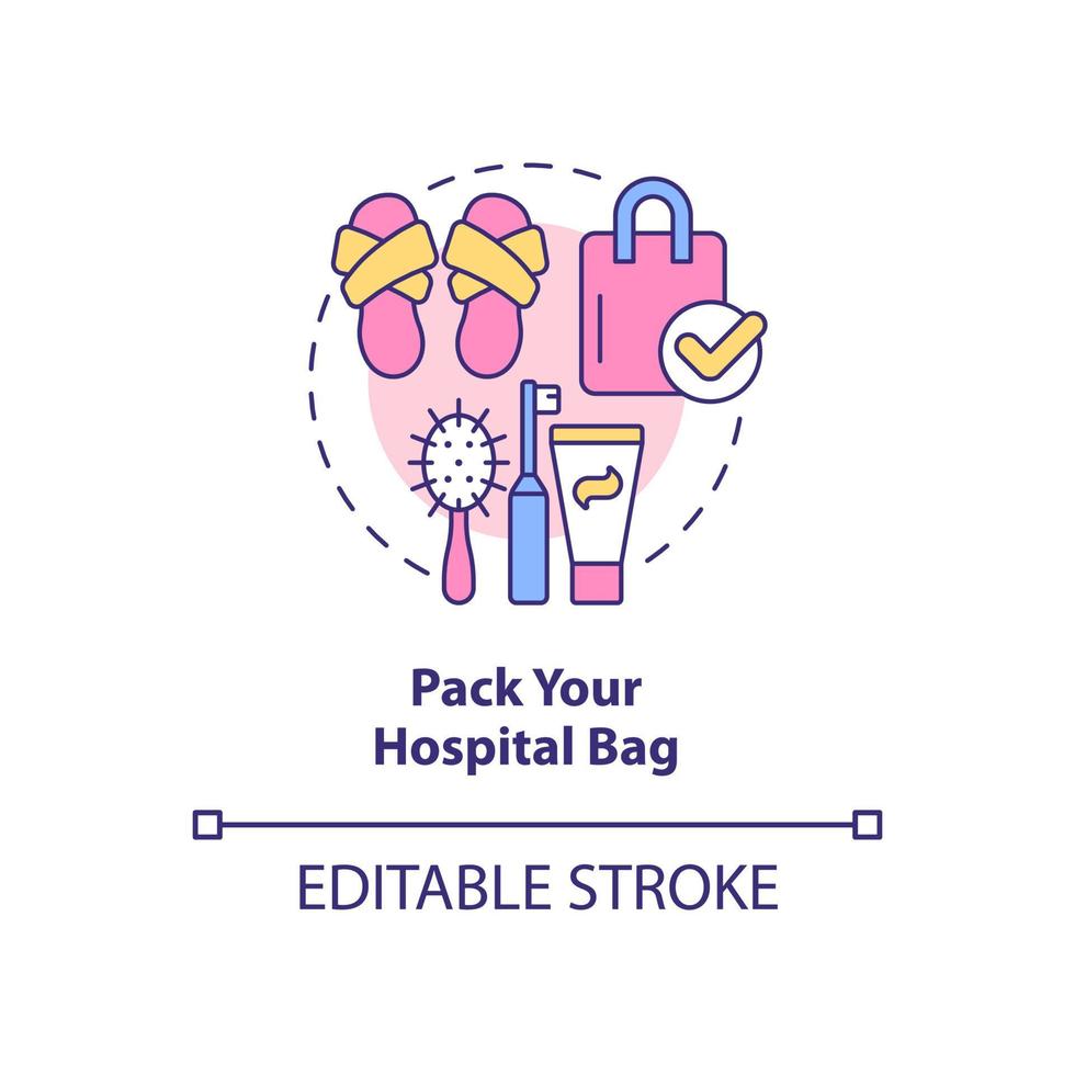 Pack hospital bag concept icon. Preparing for baby abstract idea thin line illustration. Gather essentials for hospital stay. Clinic admission. Vector isolated outline color drawing. Editable stroke