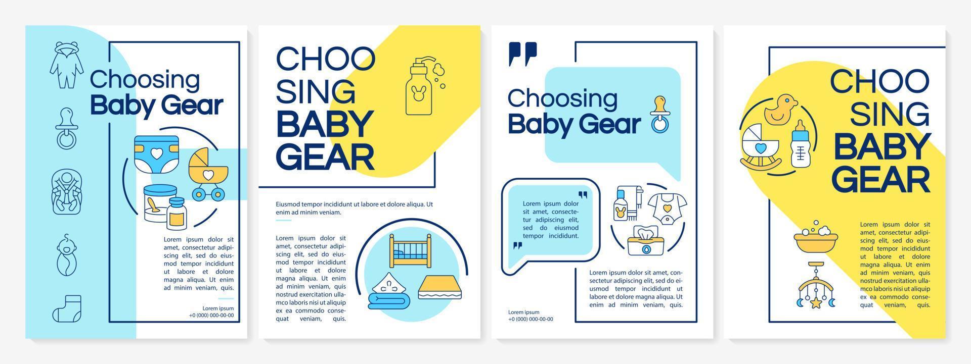 Buying baby gear brochure template. Select safe stuff for newborn. Flyer, booklet, leaflet print, cover design with linear icons. Vector layouts for presentation, annual reports, advertisement pages