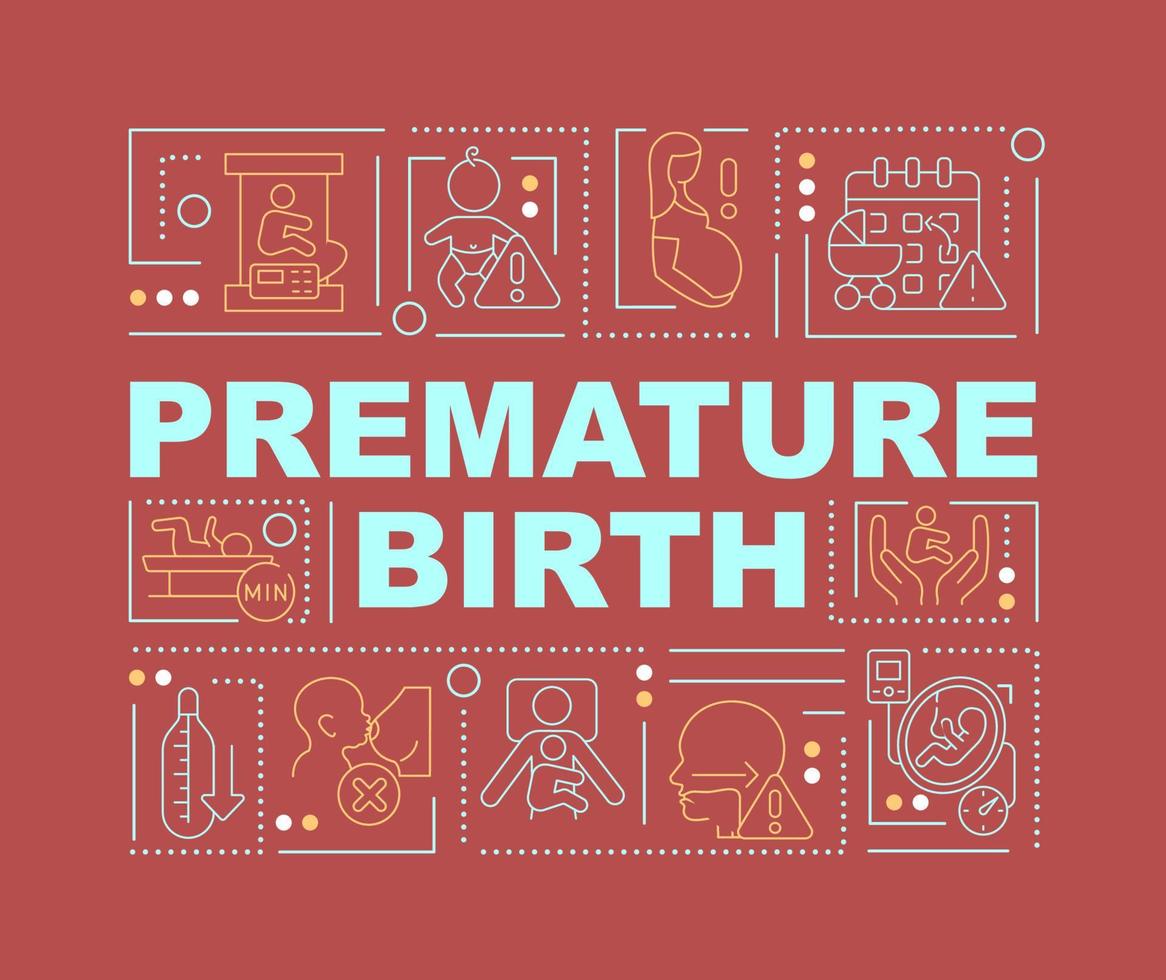 Preterm labor and birth word concepts banner. Health complications risk. Infographics with linear icons on red background. Isolated creative typography. Vector outline color illustration with text