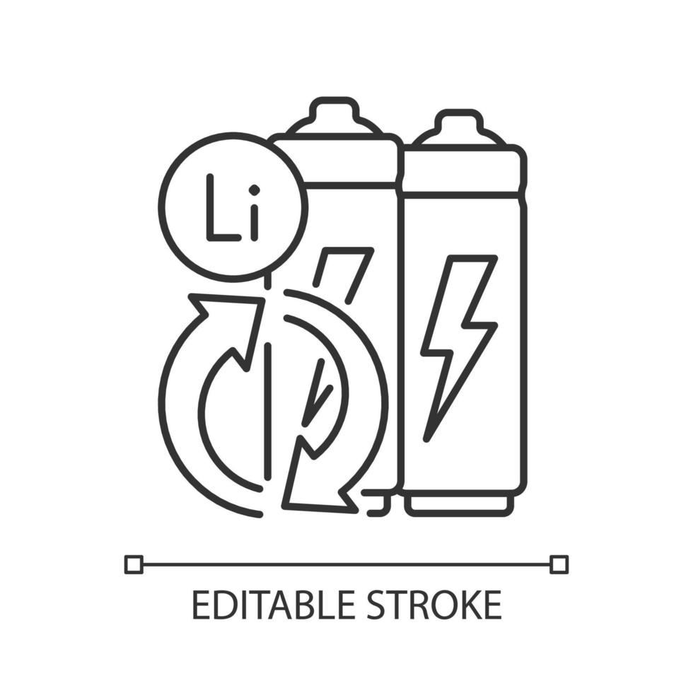 Battery metals recovery linear icon. Prevent lithium spent. Reuse resources form accumulators. Thin line customizable illustration. Contour symbol. Vector isolated outline drawing. Editable stroke