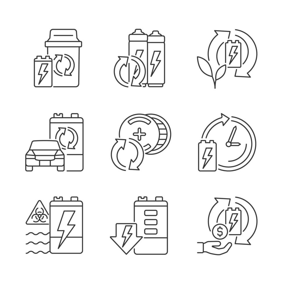 Battery processing linear icons set. Accumulators reuse. Recycling technology. E-waste correct disposal. Customizable thin line contour symbols. Isolated vector outline illustrations. Editable stroke