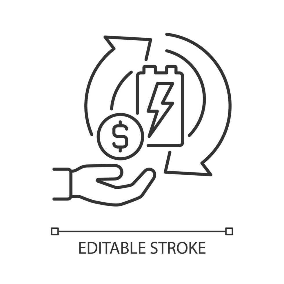 Recycling batteries for money linear icon. Sell old accumulator for cash. Earn on recycling. Thin line customizable illustration. Contour symbol. Vector isolated outline drawing. Editable stroke