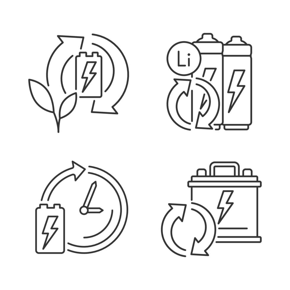 Eco battery disposal linear icons set. Environmentally friendly reuse. Recycling electronic waste. Customizable thin line contour symbols. Isolated vector outline illustrations. Editable stroke