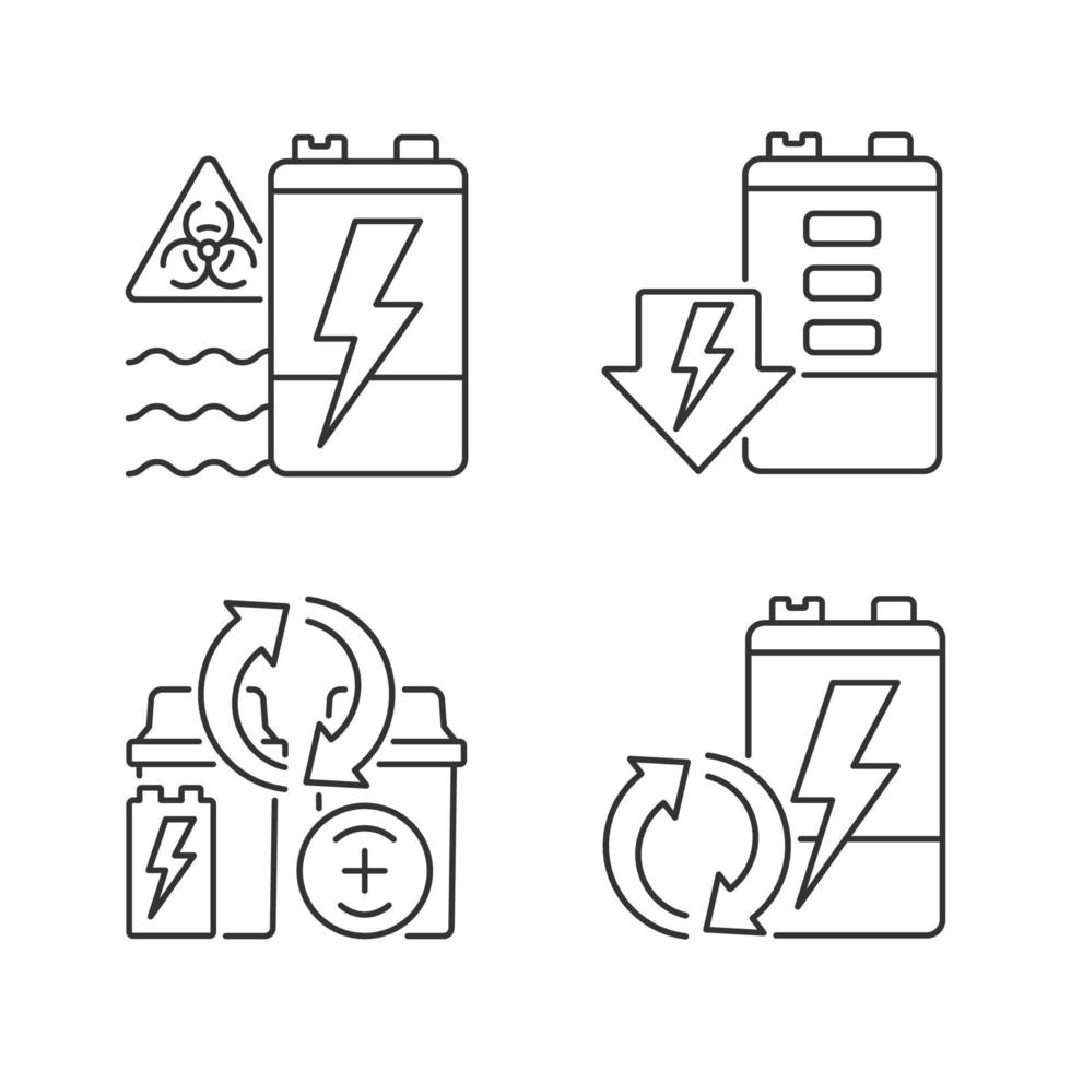 conjunto de iconos lineales de reutilización de batería. prevenir la contaminación del medio ambiente. estación de reciclaje de residuos electrónicos. símbolos de contorno de línea fina personalizables. ilustraciones aisladas de contorno vectorial. trazo editable vector