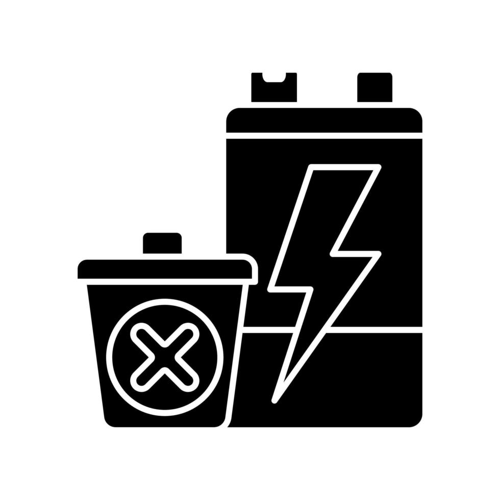 No battery disposal black glyph icon. Hazardous chemicals leak prevention. Electronic waste landfill prohibition. Reuse old accumulators. Silhouette symbol on white space. Vector isolated illustration