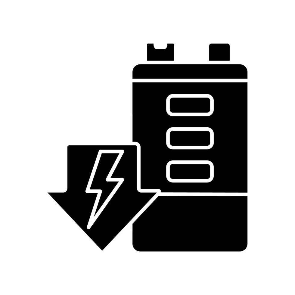 Battery discharging black glyph icon. Self-discharge. Voltage and energy decrease. Accumulator power draining. Durability deterioration. Silhouette symbol on white space. Vector isolated illustration