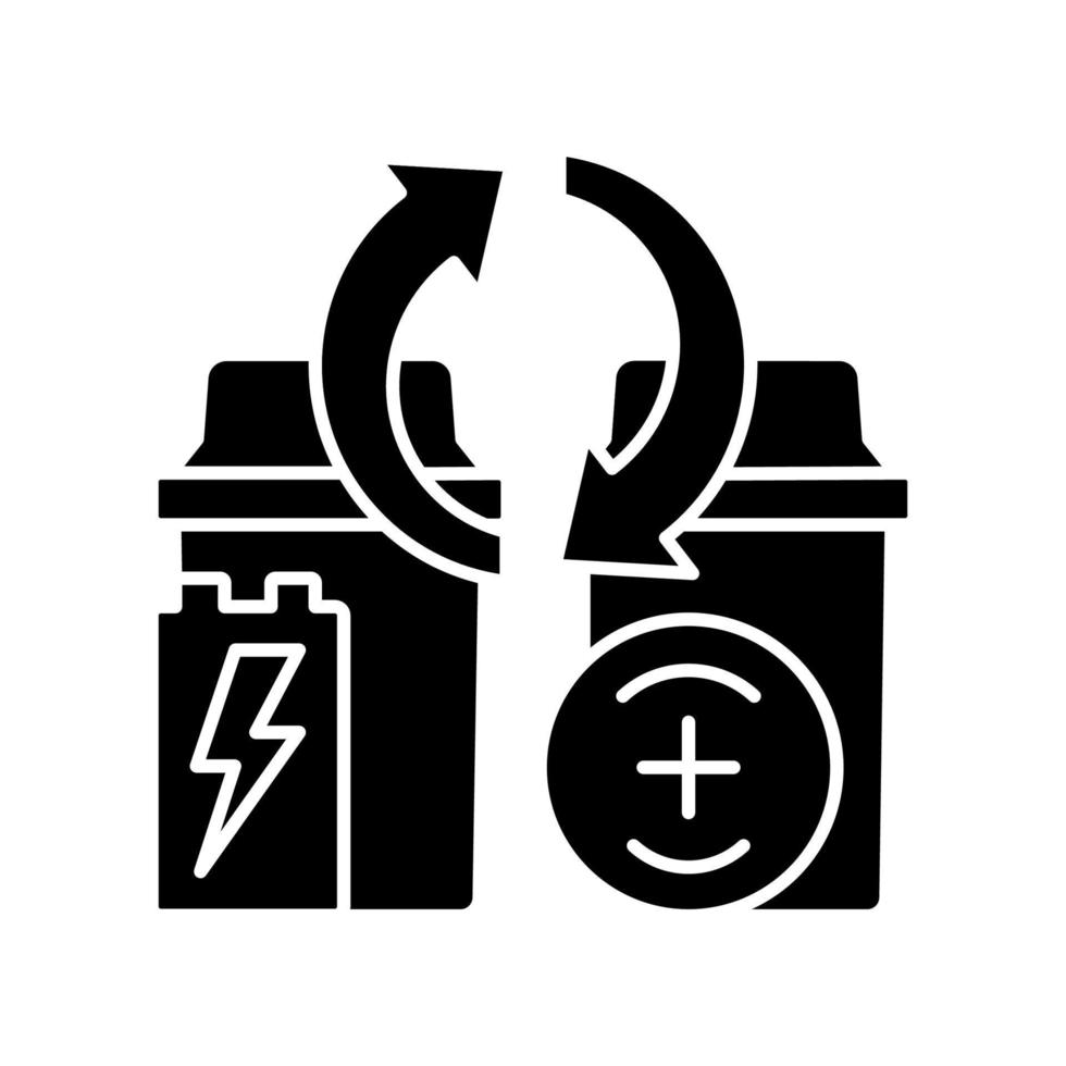 Battery recycling station black glyph icon. E-waste processing point. Heavy metal recovery. Reuse resources from old accumulators. Silhouette symbol on white space. Vector isolated illustration