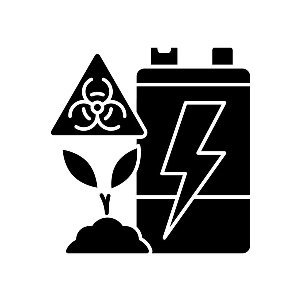 Battery soil contamination threat black glyph icon. Heavy metal ground pollution. Accumulator corrosion harm. Electronic waste landfill. Silhouette symbol on white space. Vector isolated illustration