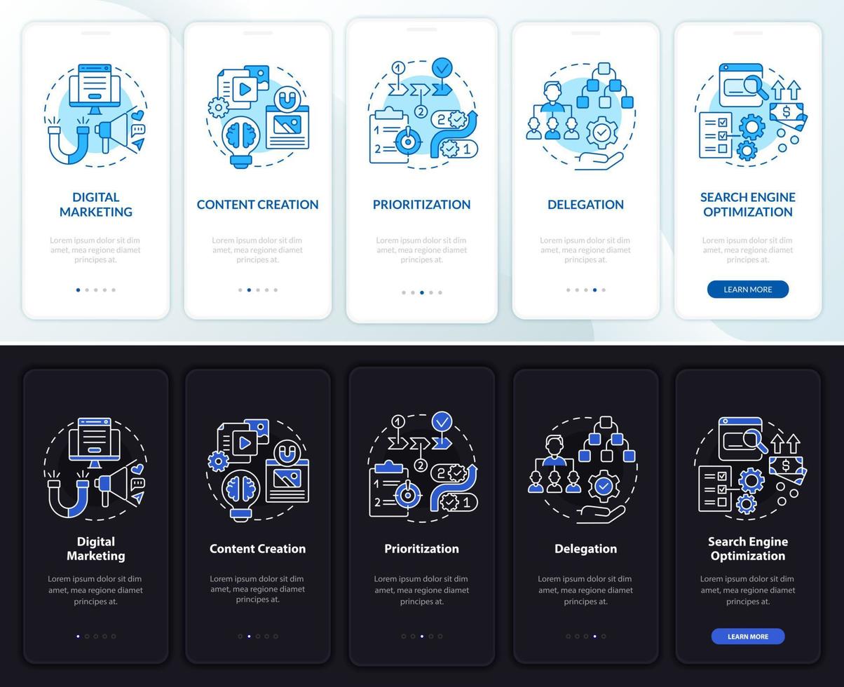 Entrepreneurial skills onboarding mobile app page screen. Delegation walkthrough 5 steps graphic instructions with concepts. UI, UX, GUI vector template with linear night and day mode illustrations