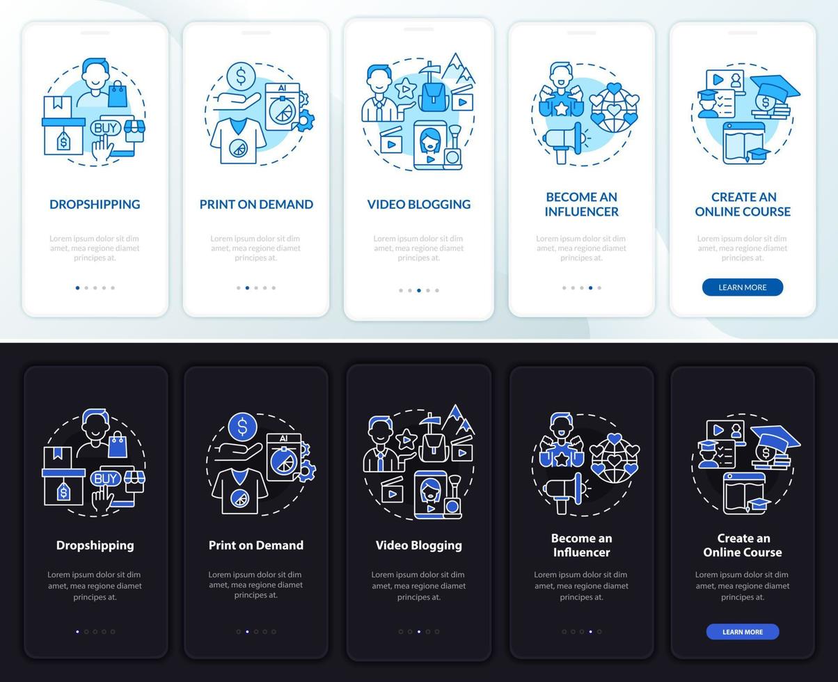 Earning money online onboarding mobile app page screen. Print on demand walkthrough 5 steps graphic instructions with concepts. UI, UX, GUI vector template with linear night and day mode illustrations