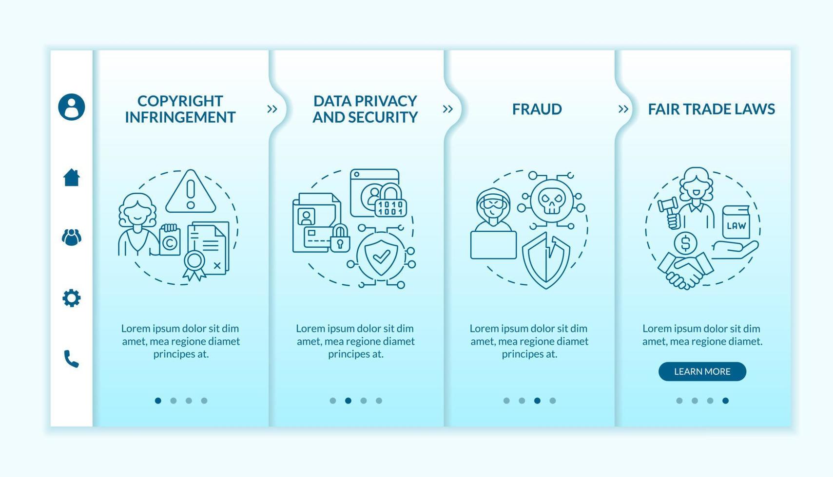 Digital entrepreneurship risks onboarding vector template. Responsive mobile website with icons. Web page walkthrough 4 step screens. Copyright infringement color concept with linear illustrations