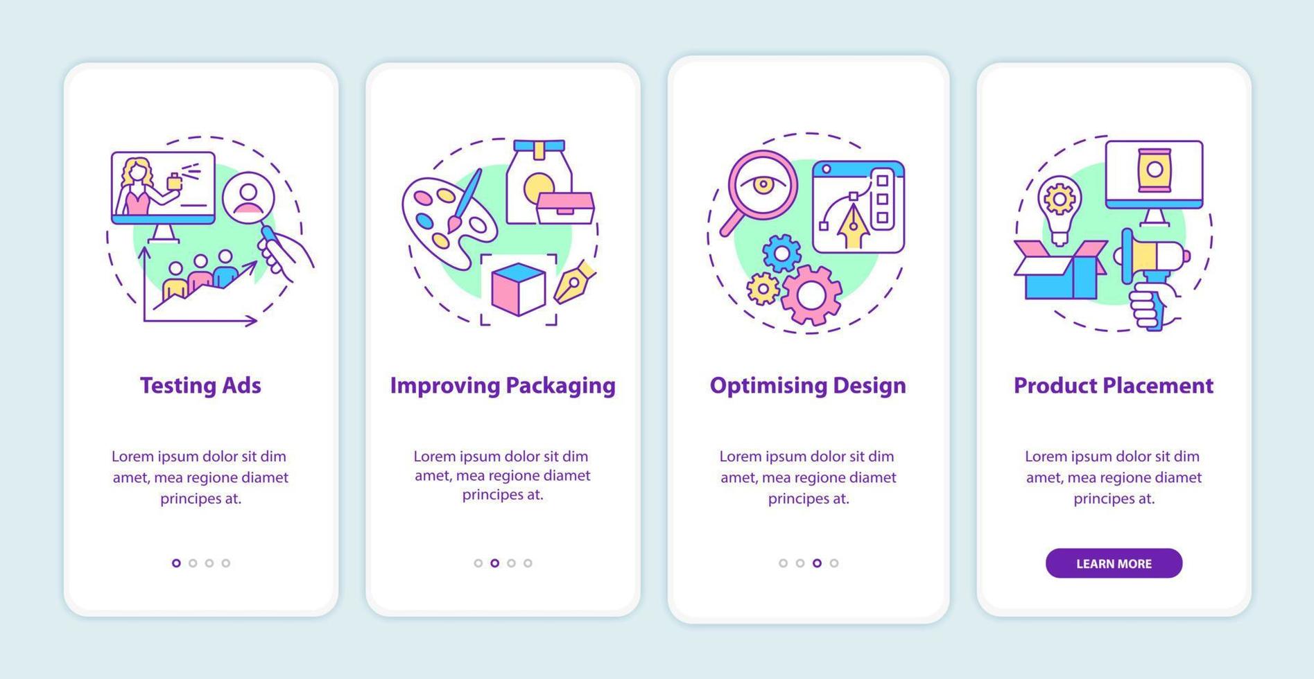 Neuromarketing usage onboarding mobile app page screen. Testing and optimising ads walkthrough 4 steps graphic instructions with concepts. UI, UX, GUI vector template with linear color illustrations