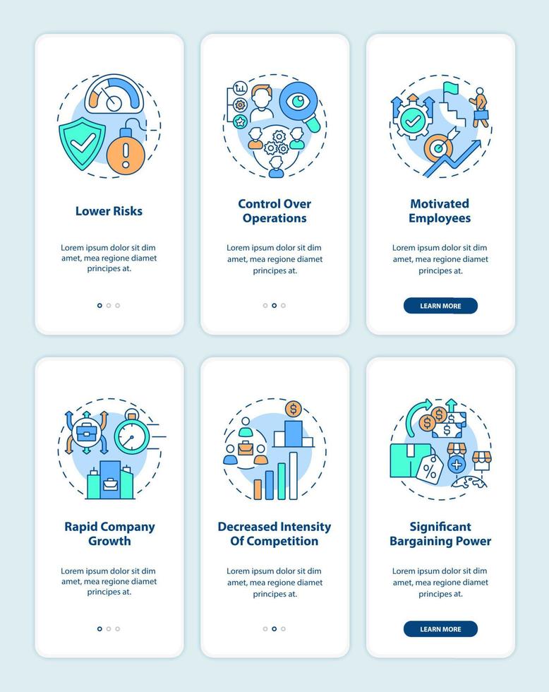Business expansion onboarding mobile app page screen set. Internal and external walkthrough 3 steps graphic instructions with concepts. UI, UX, GUI vector template with linear color illustrations