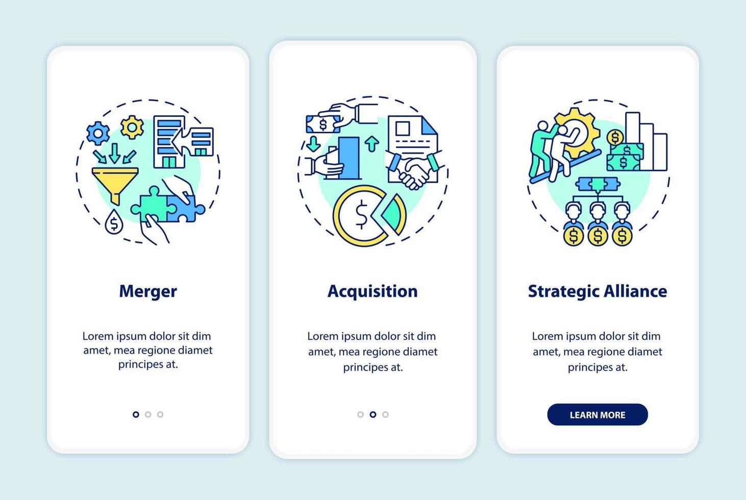 External expansion onboarding mobile app page screen. Business development walkthrough 3 steps graphic instructions with concepts. UI, UX, GUI vector template with linear color illustrations