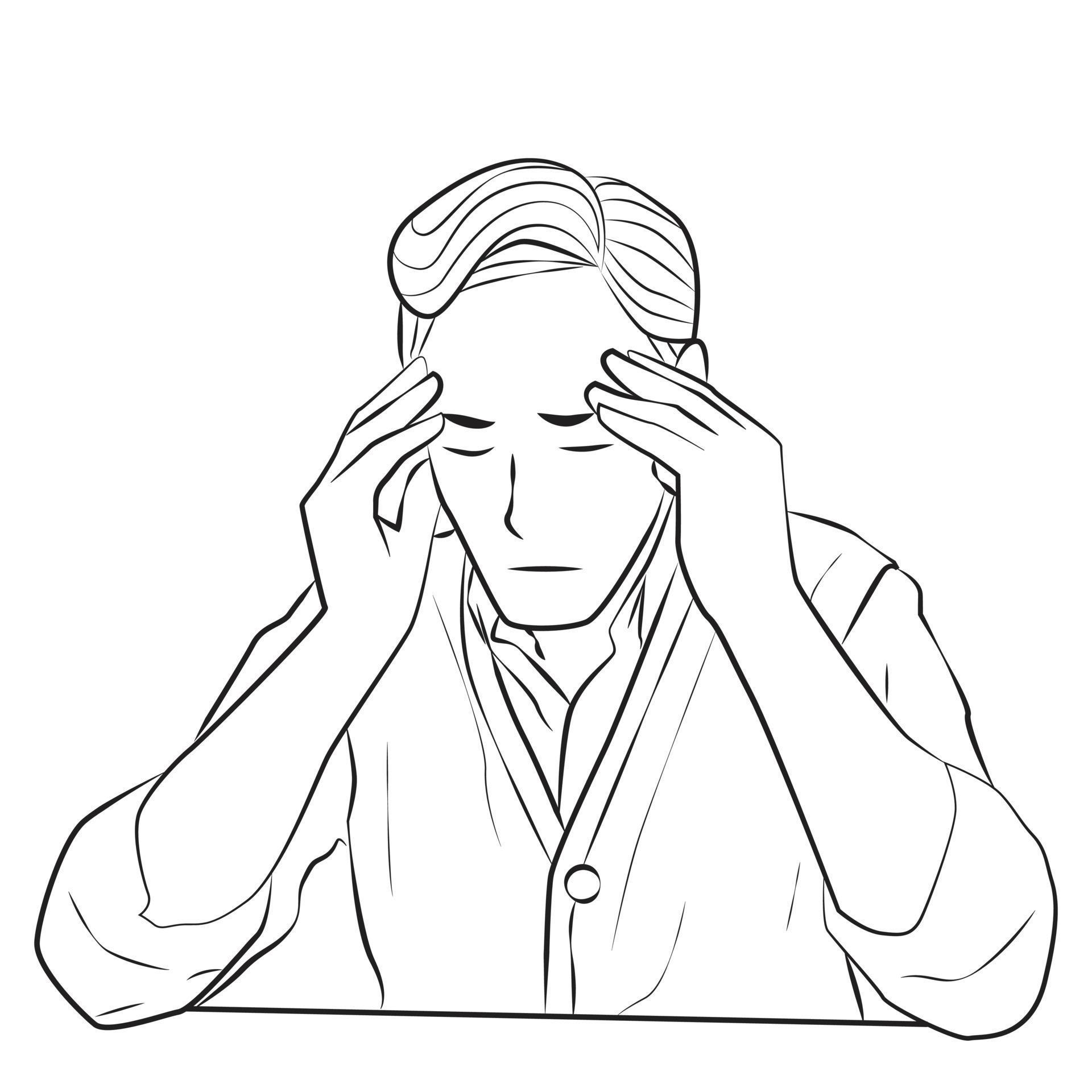 A man have a headache because thinking how to fix trouble, line art