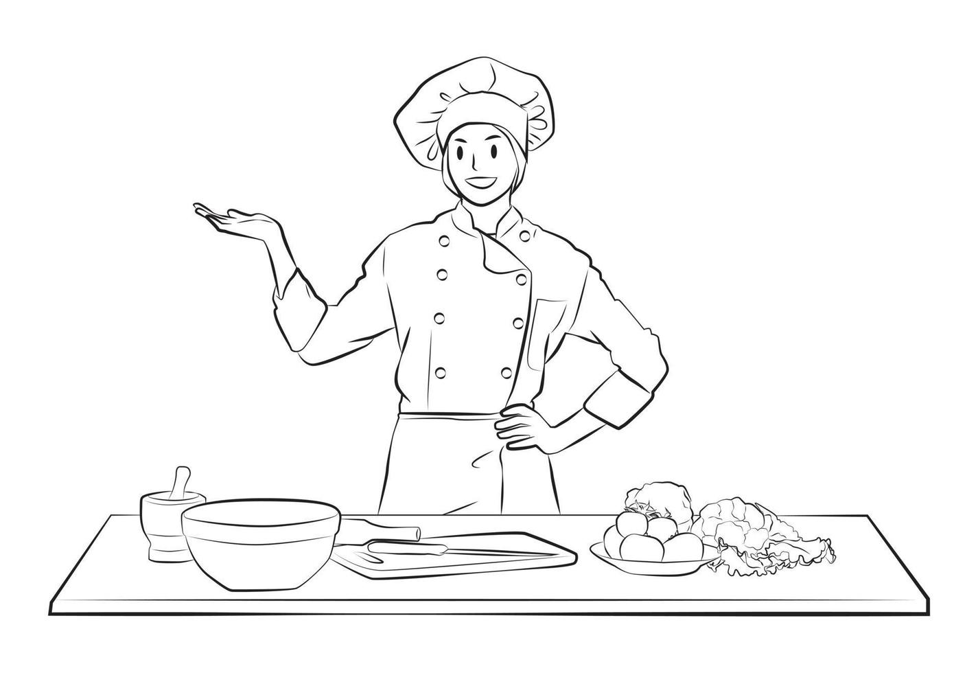 pose de chica chef en la ilustración de vector de lineart de cocina