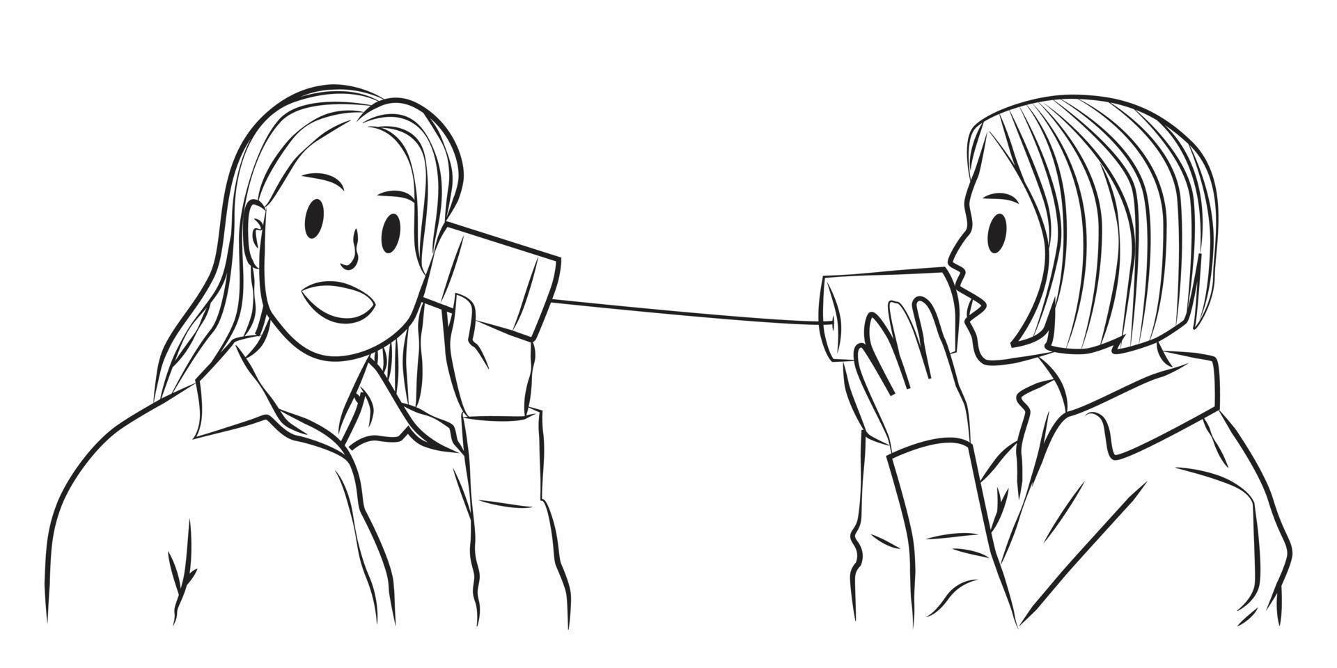 Two friend communication with tin phone line vector illustration