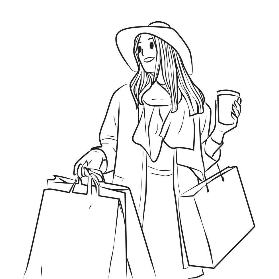 hermosa chica de compras sosteniendo una bolsa y una taza de té o café línea arte vector ilustración