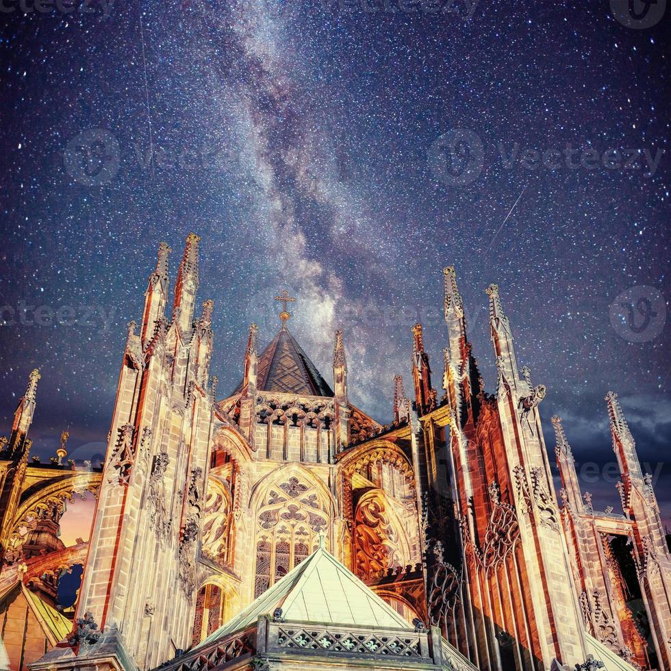 Prague St. Vitus Cathedral. Night time starry sky photo