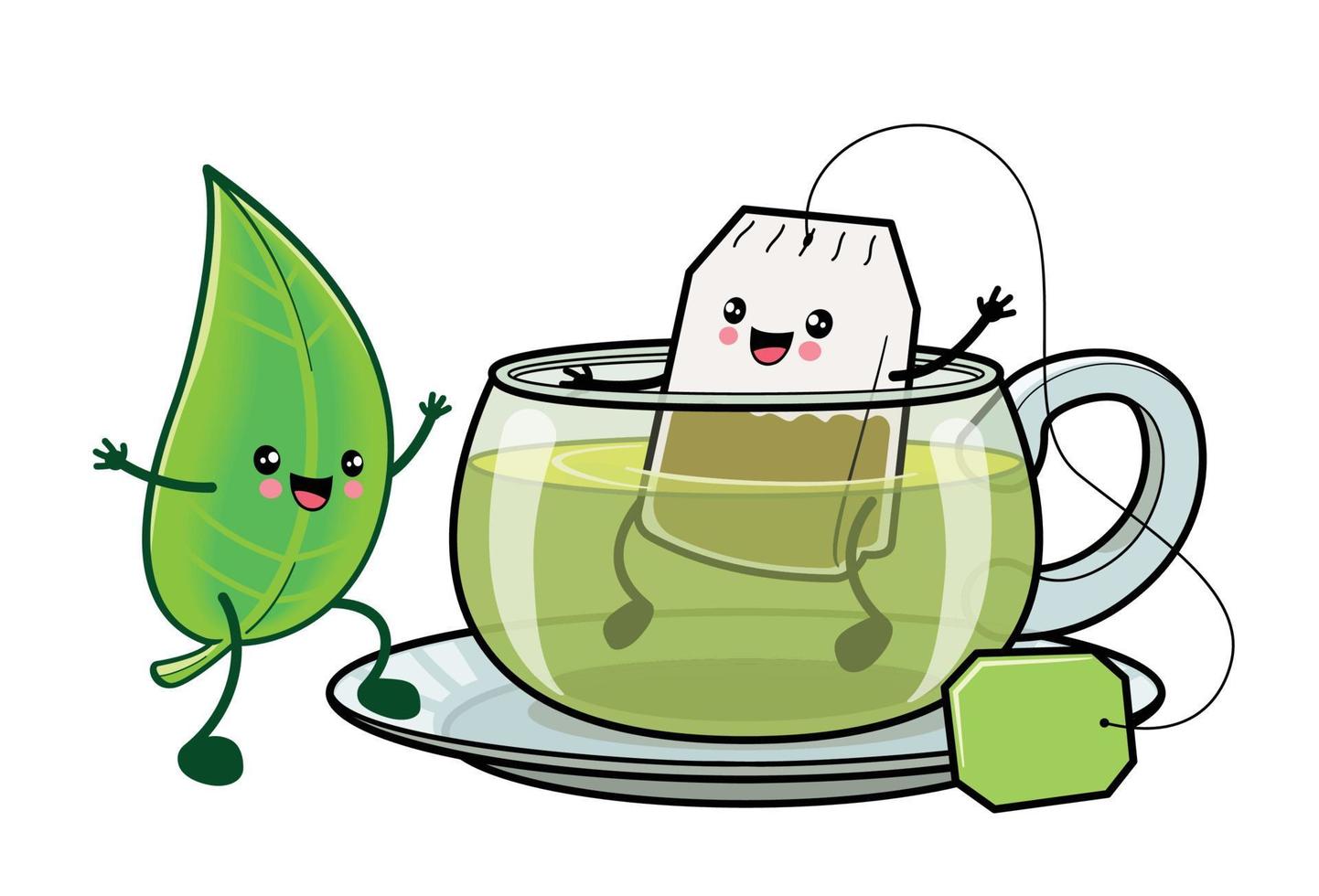 hoja de té verde y personaje de dibujos animados de bolsa de té vector