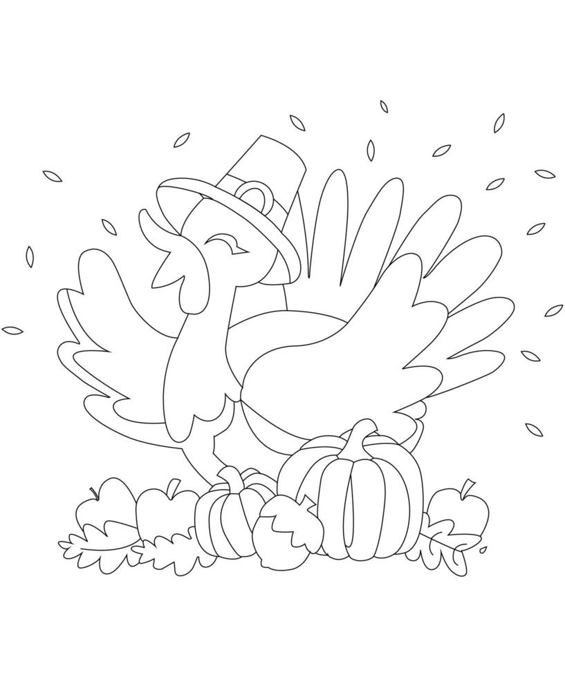 Turkey Happy thanksgiving Coloring page. Black and white vector illustration.