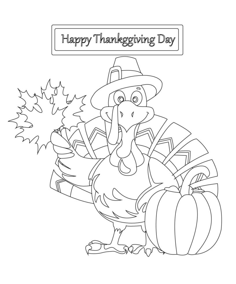 Turkey Happy thanksgiving Coloring page. Black and white vector illustration.