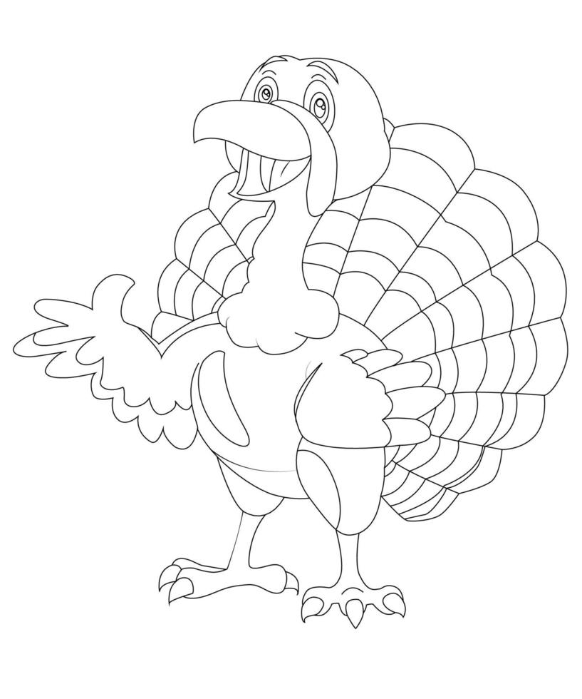 Turkey Happy thanksgiving Coloring page. Black and white vector illustration.